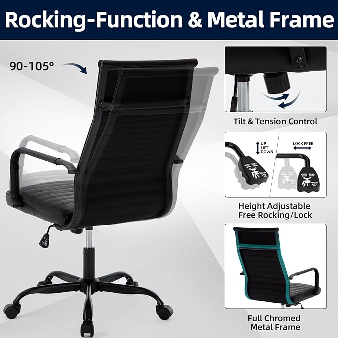 Haranuo Conference Room Chairs, Ergonomic Executive Office Chair, Ribbed Leather Desk Chair with Lumbar Support, Adjustable Height Mid-Back Swivel Chair with Padded Seat
