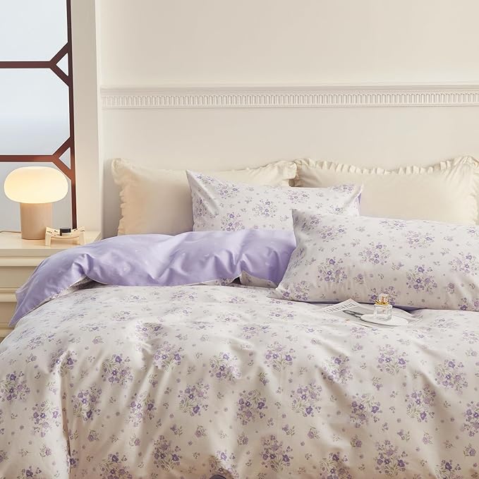 Purple Floral Duvet Cover King Garden Style Purple Flower Comforter Cover 100% Cotton Floral Bedding Set 1 Duvet Cover with 2 Pillowcases Vintage Botanical Aesthetic Comforter Cover with Zipper Ties