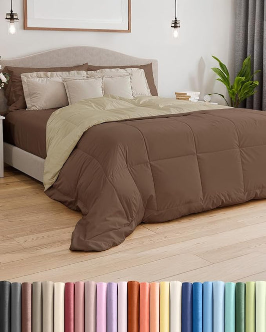 King Size, Brown & Beige Reversible Alternative Down Comforter - Warm Lightweight - Breathable Hotel Quality Bedding Set - All Season Fluffy Cozy Oversized Cooling Microfiber Duvet Insert Comforter