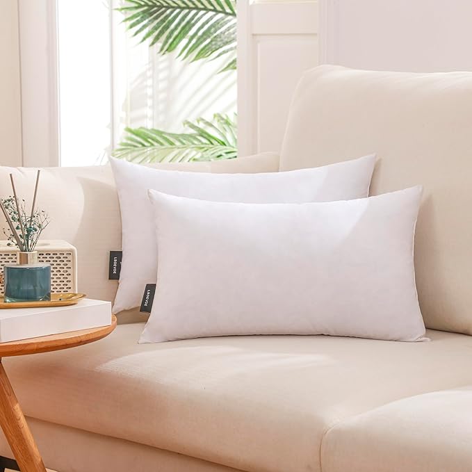 LBOEVDE 12x20 Inch Gold Goose Down and Feather Throw Pillow Inserts-2 Packs,White,Super Soft Cover,Double Layer Dwon Proof Design,High Filling Weight.