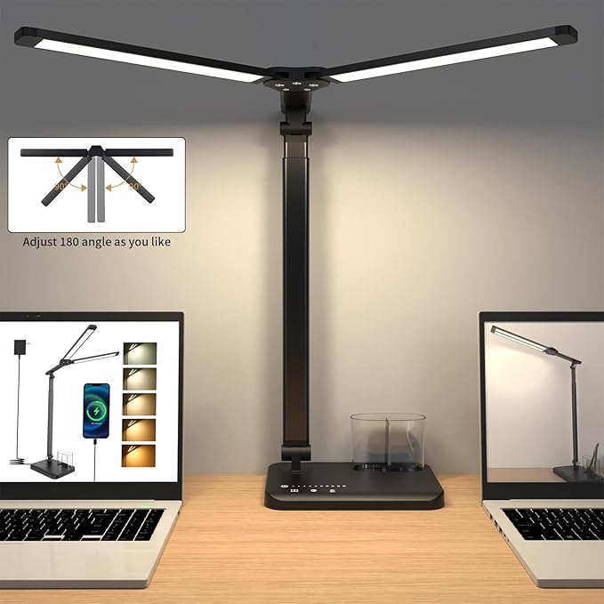 LED Desk Lamp, Dual Heads, Height Adjustable, USB Charging Port, 5 Light Modes & Dimmable Brightness, Bedside Lamp for Reading, Craft, Work, Study (Black, 15W)