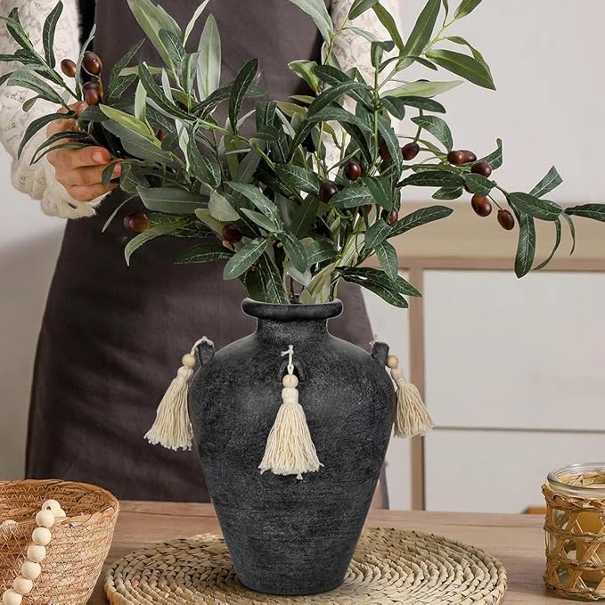 Large Decorative Ceramic Vase with Tassels, 9.4" Black Vintage Flower Vase with Handles, Textured Rustic Farmhouse Vases for Home Decor, Table Centerpiece, Living Room, Entryway, Wedding, Party Decor