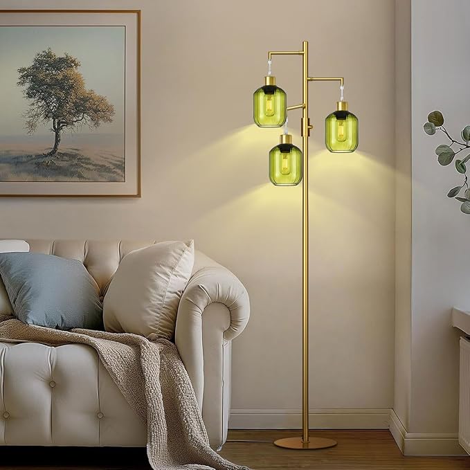LVYE Glass Floor Lamps for Living Room, Modern Standing Lamps with Green Shade, Dimmable Green Tall Floor Lamp, Mid Century Gold 3 Lights Tall Tree Lamp with 3 LED Bulbs