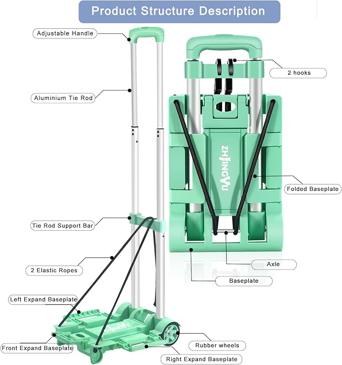 Folding Hand Truck Dolly Cart,Collapsible Shopping Trolley,Mini Lightweight Hand Dolly,Backpack Trolley,Luggage Cart,Aluminum Telescopic Rod,2 Wheel Trolley Expandable Large Chassis,Mint Green