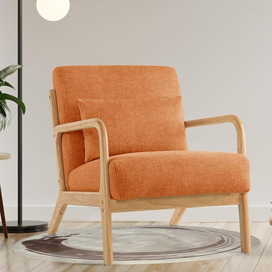 Aunekiv Accent Chair with Pillow Upholstered Mid-Century Chair Living Room Chair for Small Space Solid Wood Frame Reading Chair with Soft and Thick Cushion Armchair for Bedroom Balcony Orange 1PC