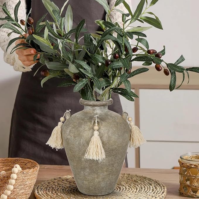 Large Decorative Ceramic Vase with Tassels, 9.4" Boho Flower Vase with Handles, Textured Rustic Farmhouse Vases for Home & Office Decor, Table Centerpiece, Living Room, Entryway, Wedding, Party Decor