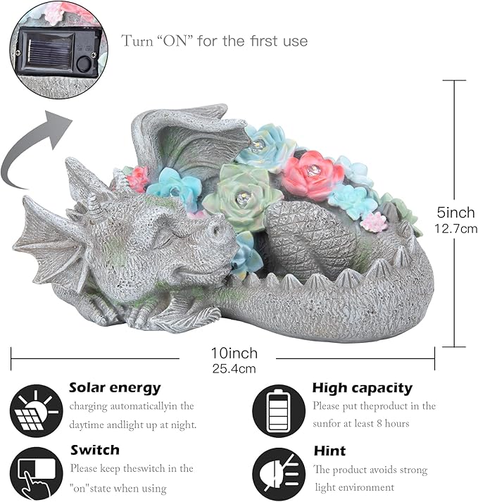 Garden Dragon Statue Outdoor Decor, Coiled Sleeping Dragon Figurine with Solar Light Succulent, Waterproof Resin Garden Sculpture for Outside Lawn Patio Yard Ornament Gifts