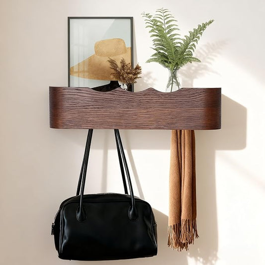 Wall Coat Rack Floating Shelves Modern Coat Rack Wall Mount with Storage Entryway Shelf Wooden Hanger 20 Inch 4 Hidden Metal Hooks for Living Room Bedroom (Wavy Walnut Color, 4 Hooks)