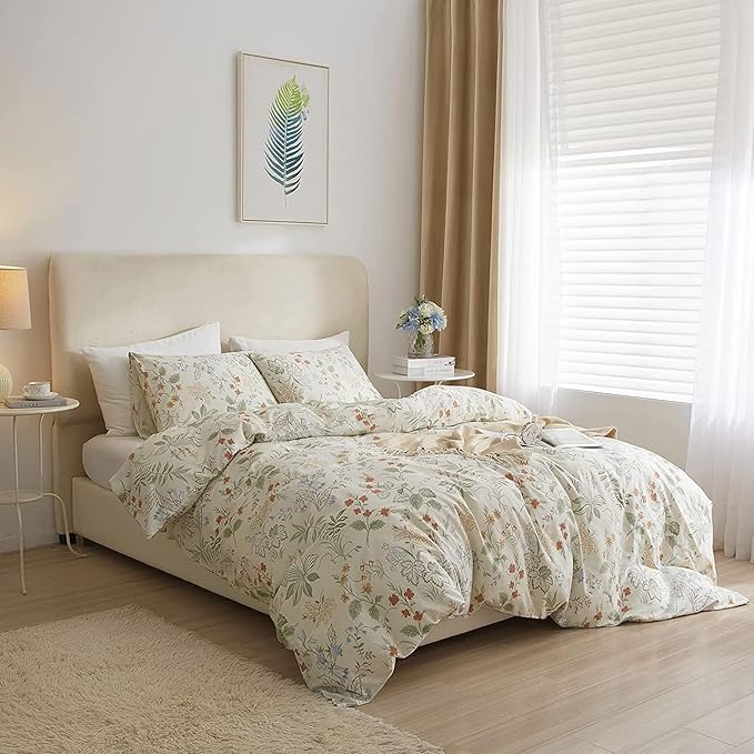 Chic Botanical Floral Duvet Cover King White Soft 100% Cotton Garden Floral Bedding Set King Vintage Style Cottagecore Comforter Cover with Zipper Closure 1 Flower Duvet Cover with 2 Pillowcases