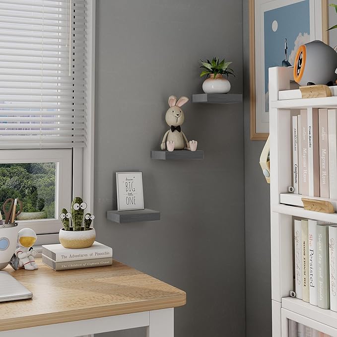 Small Floating Shelves for Wall - 6 Inch Mini Square Grey Shelves for Bedroom, Living Room, Bathroom, Kitchen, Office Decor Set of 3