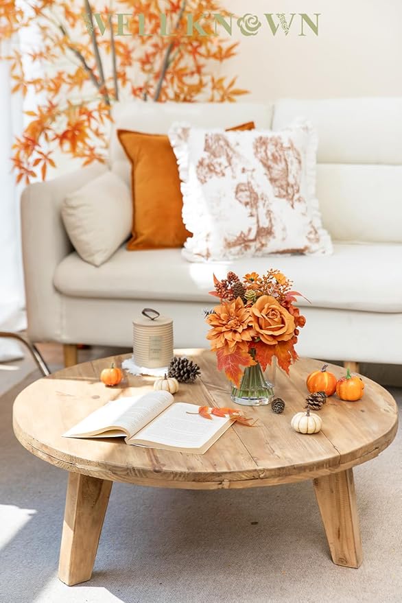 WELL KNOWN Artificial Flowers in Glass Vase, Burnt Orange Silk Rose Dahlia Flower Pine Berry Bouquet with Fake Water for Winter Home Dinning Coffee Table Wedding Chritmas Party Kitchen Decor & Gift