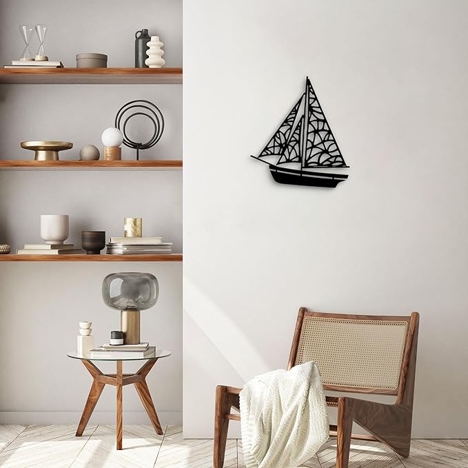 GlintHome Black Metal Sailboat Wall Art for Living Room - Abstract Modern Wall Sculpture Textured Artwork Minimalist Geometric wall Decor for Bedroom Bathroom Living Room Home