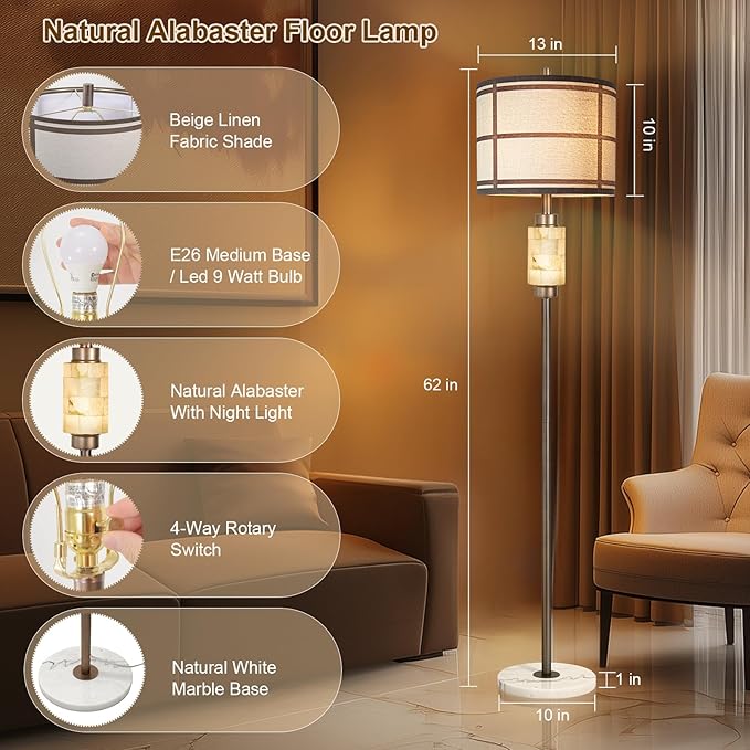KIVDITZO Natural Alabaster Floor Lamp, Lamps for Bedroom, Tall Lamp with Night Light, Marble Base, Linen Shade,Living Room Lamp, Standing Lamp for Living Room Bedroom Office - Brown (Bulb Included)