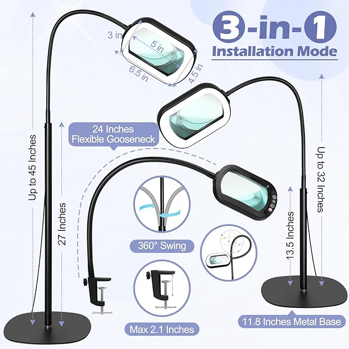 Drdefi 10X Rectangular Real Glass Magnifying Glass with Light and Stand, 24" Flexible Gooseneck Floor Lamp, 5 Color Modes Stepless Dimmable, 3-in-1 LED Lighted Magnifier Light Hands Free for Reading