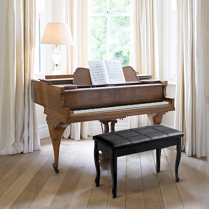 GOFLAME Piano Bench Stool with Padded Cushion and Music Storage, Heavy Duty Piano Duet Seat with PU Leather Padded Seat and Solid Wooden Legs, Perfect for Home Use (Black)