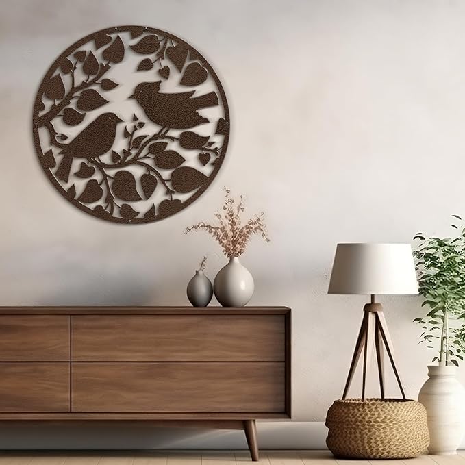 SIGNLEADER Metal Wall Art Decor Birds Tree Circular Frame Minimalist Modern Abstract Wall Sculpture Hangings Home Decoration for Living Room, Bedroom, Bathroom, Kitchen, Outdoor - 18" Bronze