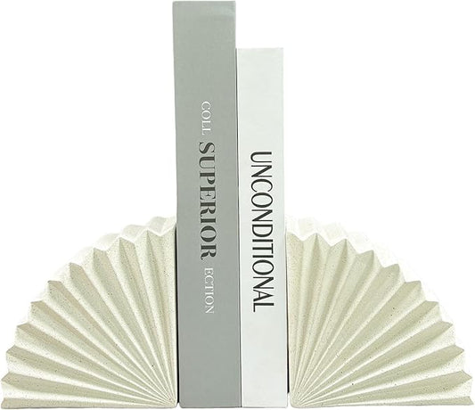 Off-White Fan Shape Bookends Set of 2 – Minimalist Resin Decorative Book Stoppers, Modern Book Ends for Home Office Shelf Organizer