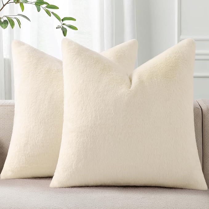 Pallene Faux Fur Plush Throw Pillow Covers 20x20 Set of 2, Soft Fluffy Couch Pillow Covers for Living Room, Beige