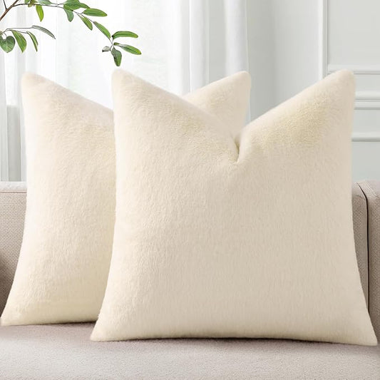 Pallene Faux Fur Plush Throw Pillow Covers 20x20 Set of 2, Soft Fluffy Couch Pillow Covers for Living Room, Beige