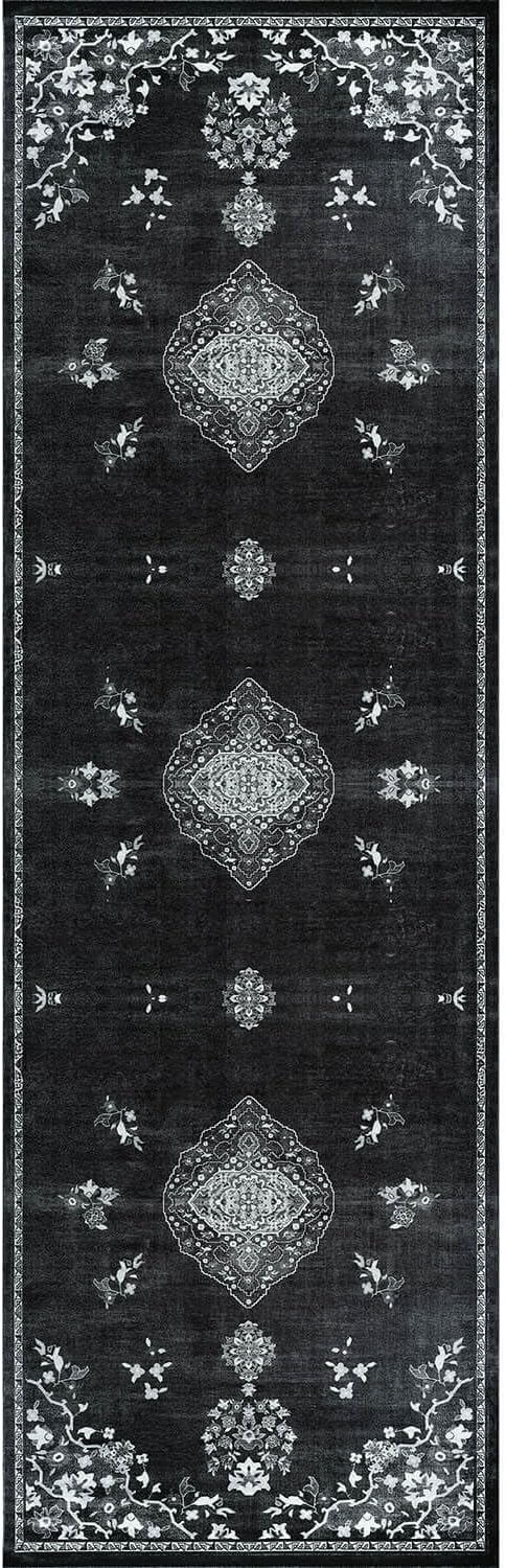 Beverly Rug Non Slip Rugs 2x7 Boho Medallion Floral Non Skid Rubber Backing Easy Silk Soft Runner Rug for Living Room Easy to Clean Non Shedding Kitchen Bedroom Indoor Carpet (2 x 7 Black - White)