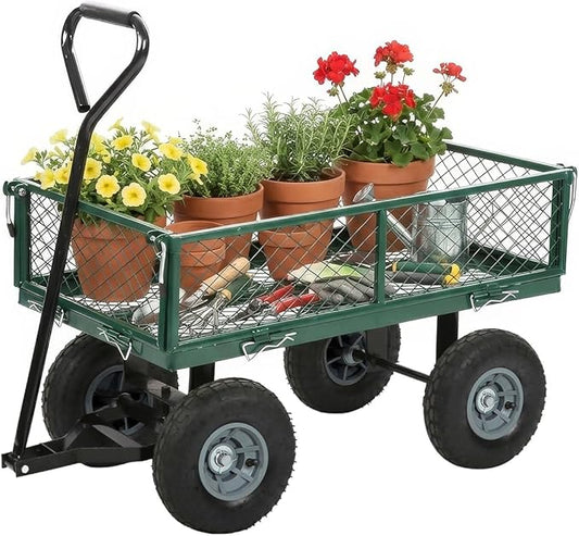 BestMassage Heavy Duty 500 Lbs Capacity Mesh Steel Garden Cart Folding Utility Wagon with Removable Sides for Beach Lawn Yard Landscape (Deep Green)