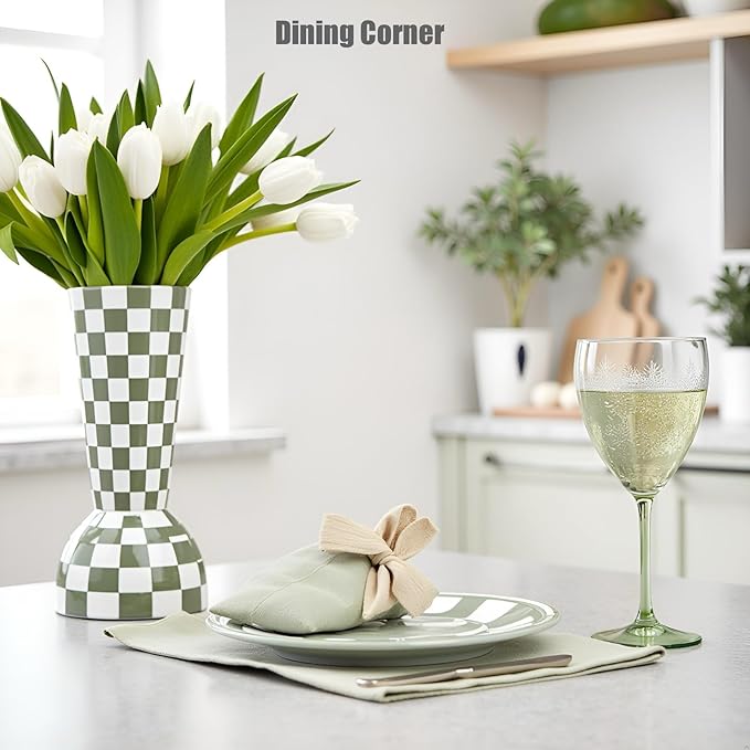 Sage Green Checkered Vase, Aesthetic Modern Ins Cool Flower Vases for Home Decor, Entryway Table, Centerpieces Decoration for Kitchen, Living/Dining Room, Bedroom, Bathroom, Coffee Tables (Ceramic)