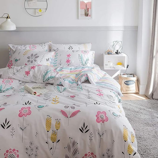 Boho Floral Duvet Cover Full Girls Floral Print Bedding Sets Garden Style Aesthetic Duvet Cover Cotton Floral Comforter Cover Kids Girls Kawaii Bedding Collections Birds Flower Comforter Cover Full