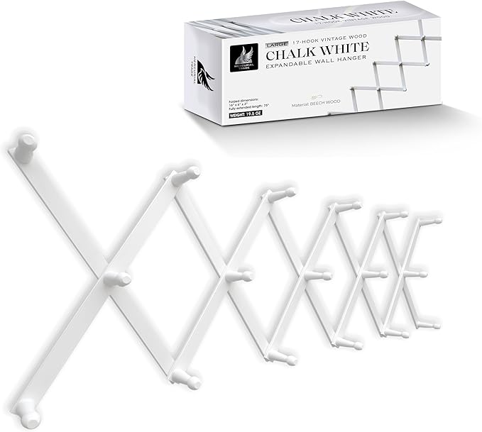 Expandable Wooden Coat Rack Hanger – Accordion Wall Mounted Pine Wood Hooks – Hand Made Vintage Expending Pegs – Hang Coat, Jacket, Hat, Leash, Towel, Mug, Bag, 17 Hook Chalk White