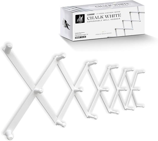 Expandable Wooden Coat Rack Hanger – Accordion Wall Mounted Pine Wood Hooks – Hand Made Vintage Expending Pegs – Hang Coat, Jacket, Hat, Leash, Towel, Mug, Bag, 17 Hook Chalk White