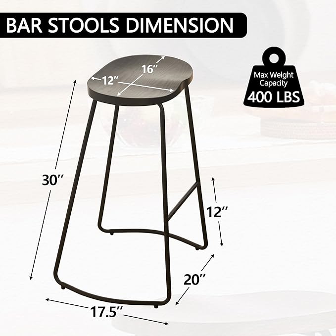 HeuGah Bar Stools Set of 2, 30 Inch Counter Height Wood Bar Stools, Black Saddle Seat Barstool for Kitchen Island, Industrial Bar Height Stool with Metal Leg (Black, 2 PCS 30Inch Barstool)