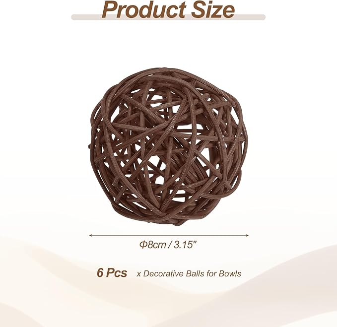 PATIKIL 3 Inch Wicker Rattan Balls, 6 Pcs Decorative Balls for Centerpiece Bowls Wedding Party Home Decor DIY Craft, Deep Brown