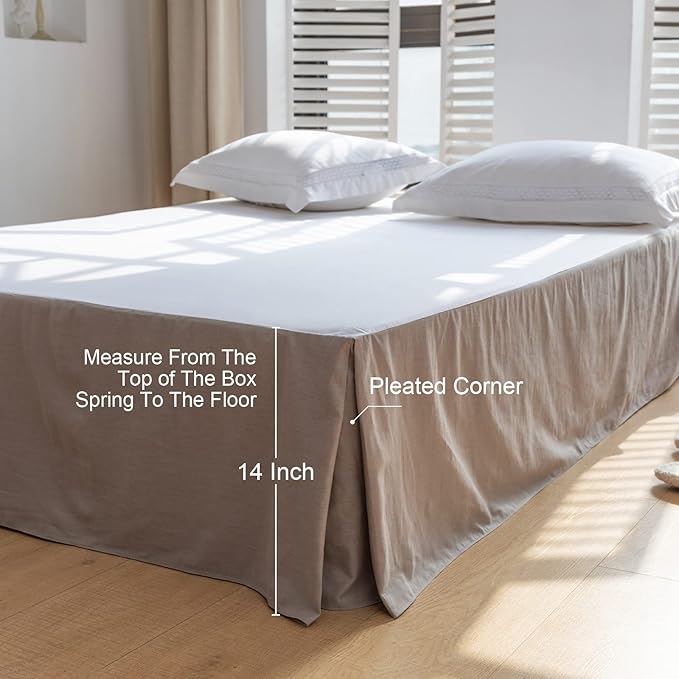 BISELINA French Linen Bed Skirt with Pleated Corner 14-Inch Tailored Drop Natural Flax Cotton Blend Basic Dust Ruffle Soft Cozy Farmhouse Bedding (14" King, Basic Grey)