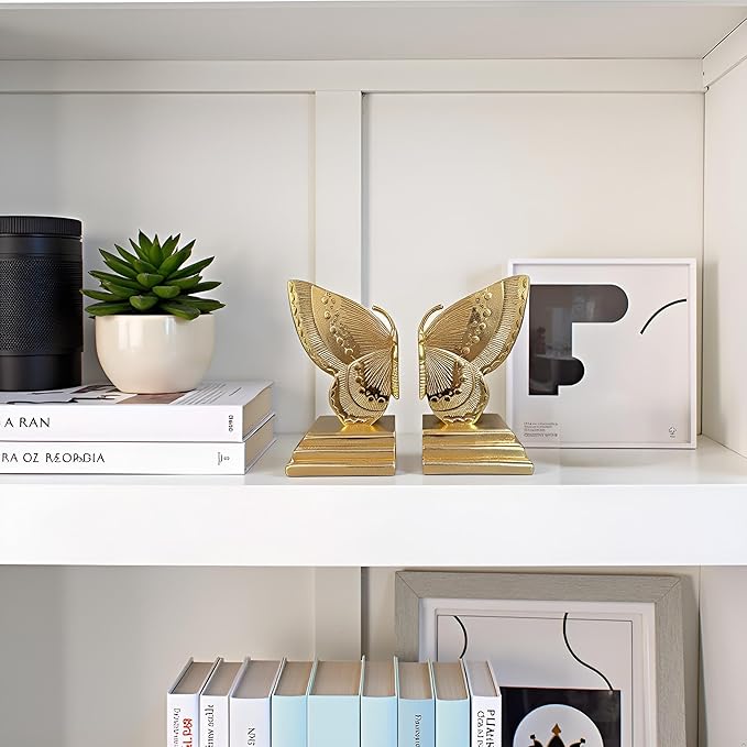 Golden Butterfly Bookends Set of 2 – Elegant Resin Book Stoppers, Heavy Duty Decorative Book Ends for Bookshelf, Home Office, and Gift