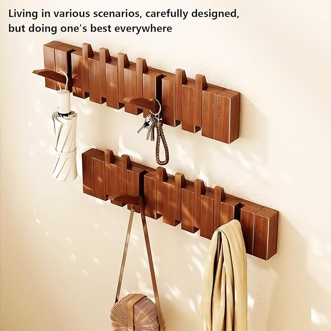 Wall Mounted Coat RackHooks Piano Key Hangers Natural Solid Wood Hanger Non-Woven Fabric Clothes Hangers for Closet, Kitchen, Bedroom, Bathroom, Entryway (Walnut, 4 Hooks)