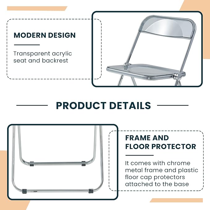 LeisureMod Lawrence Modern Clear Acrylic Folding Chair with Metal Frame, Space-Saving Transparent Seating for Dining Room, Home Office, Bedroom, Vanity or Small Spaces, (Transparent Black, Singles)