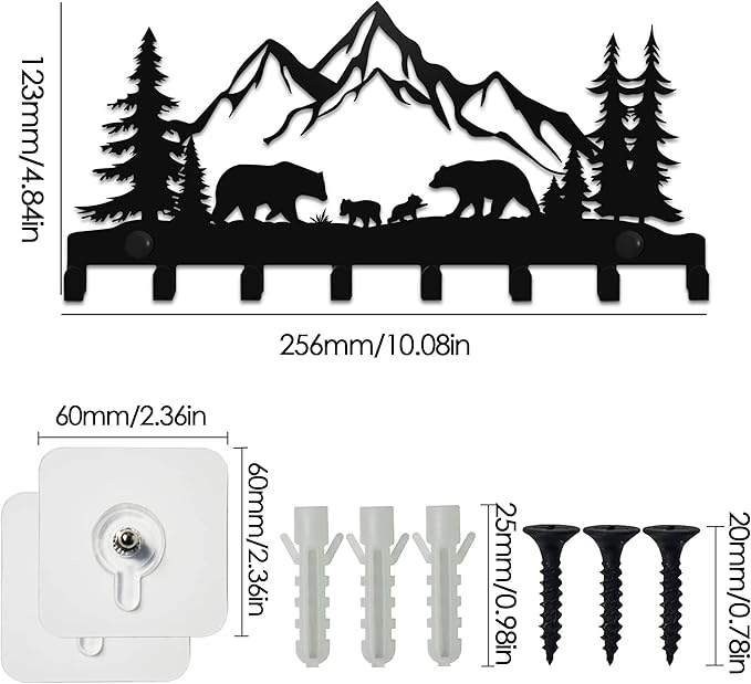 Keys Hooks for Wall, Key Holder Wall Mounter, Metal Bears Hooks, Christmas Decor, Metal Decor, Mountain Forest Wall Mount Hanger Rack for Entryway Front Door Kitchen Hallway Garage Office (Bear)