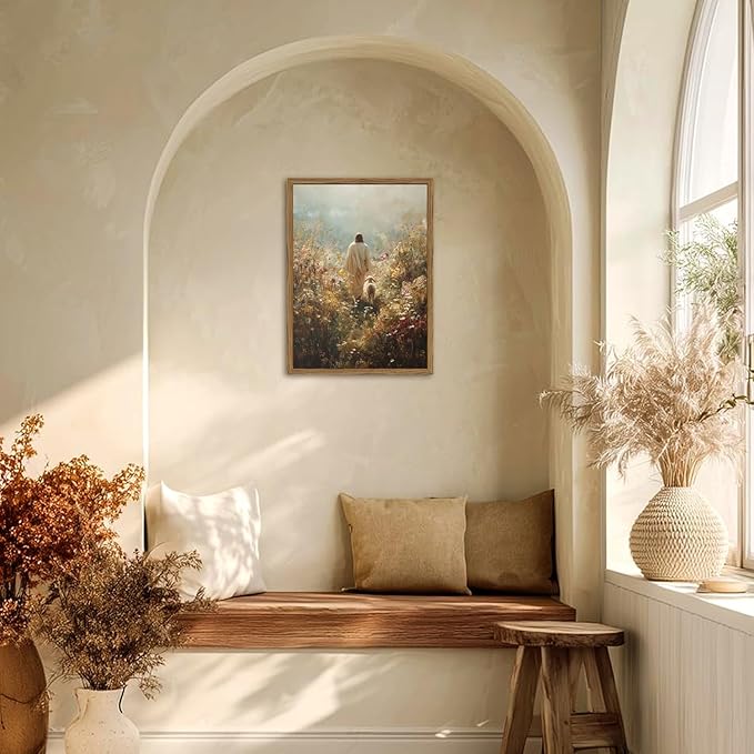 Jesus Leaves the 99 Sheep Wall Art, Jesus and Lamb Canvas Pictures, Lost Lamb Wall Decor Paintings Christian Bible Posters Prints Artwork for Living Room Prayer Room Bedroom 16x24 Inch Wood Framed
