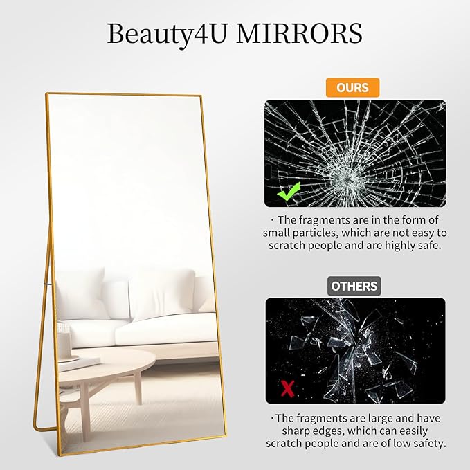 Beauty4U 65" x 24" Full Length Mirror with Stand, Gold Wall Mounting Full Body Mirror, Metal Frame Full-Length Tempered Mirror for Living Room, Bedroom
