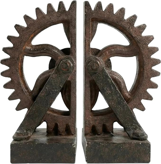 Comfy Hour Industrial Gear Decorative Bookends, 13 inch, Unique Steampunk Mechanical Wheel Art Book Ends for Shelves, Book Stopper for Heavy Books, Cool Home Office Vintage Decor, 1 Pair