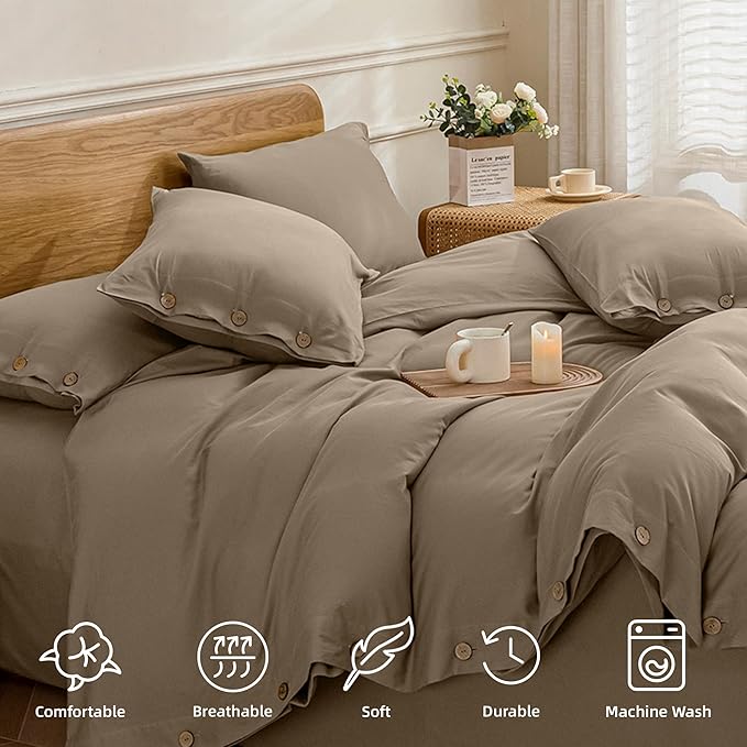 JELLYMONI Cotton Duvet Cover Queen Size - Khaki Comforter Cover with Button 100% Washed Cotton 3PCS Breathable Soft Solid Bedding Set Duvet Cover 90×90in & 2 Pillowcases (NO Comforter)