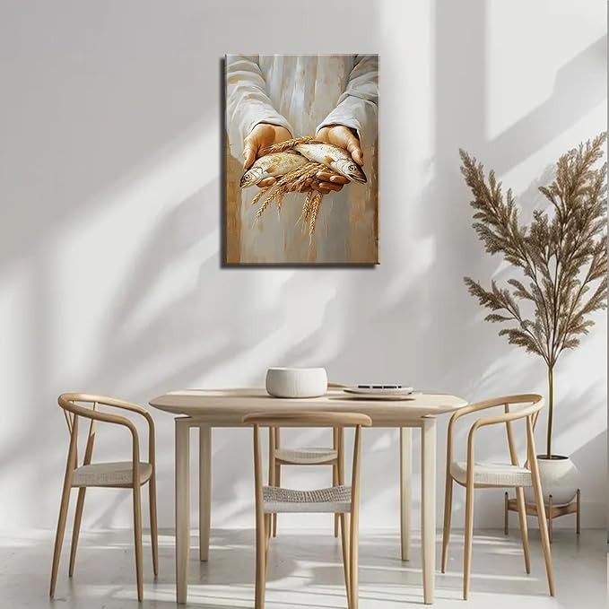 Frame Jesus Feeds the 5000 Canvas Wall Art Christian Five Loaves and Two Bible Scripture Wall Decor Pictures 5 Bread and 2 Fish Posters Prints for Dining Living Room Kitchen Wall Bedroom Decoration16X24in