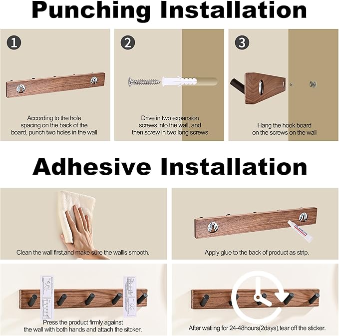17.3" Small Wooden Coat Rack Wall Mounted with 5 Pegs Hooks, Entryway Wall Hooks Coat Hanger for Hanging Towel Jacket Clothes Hat Backpack Shoe Purse Key Holder Hook Rail by Black Walnut Wood