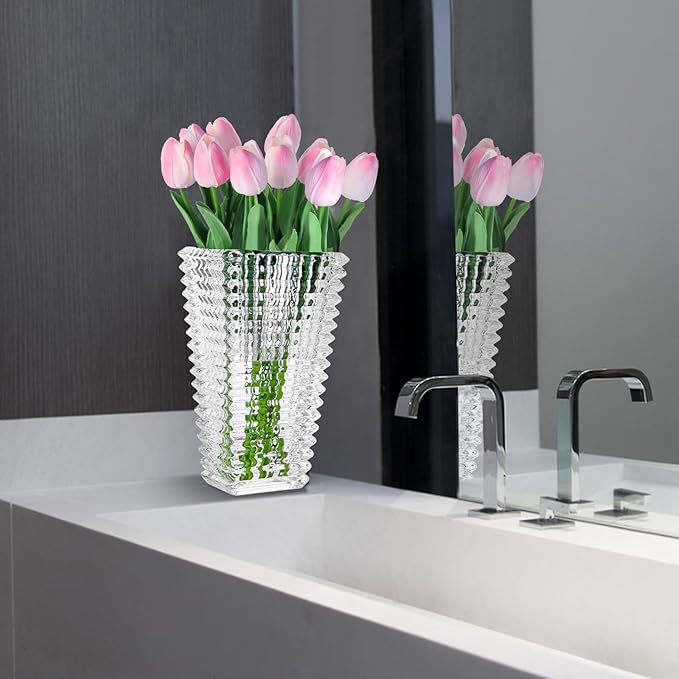 Faux Flowers in Vase, Artificial Pink Tulips Flowers Floral Arrangements with Glass Vase Flower vases with Bouquet for Table Centerpiece, Coffee Table Decor, Home Kitchen, Living Room, Bathroom Decor