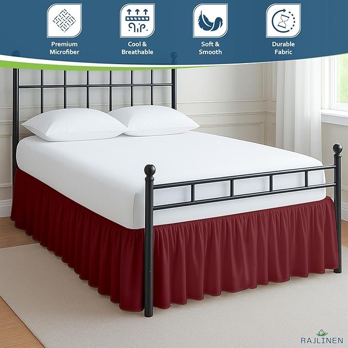 Rajlinen Ruffled Bed Skirt Full XL, 21 Inch Drop Dust Ruffle with Split Corners, 100% Microfiber Bedskirt with Platform, Three-Sided Coverage Ruffled Gathering Design, Burgundy