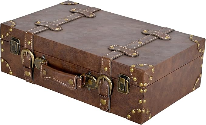 Vintage Leather & Wood Storage Box – Compact Decorative Suitcase Chest with Classic Design, Perfect for Keepsakes, Travel, and Home Organization
