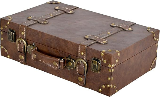 Vintage Leather & Wood Storage Box – Compact Decorative Suitcase Chest with Classic Design, Perfect for Keepsakes, Travel, and Home Organization