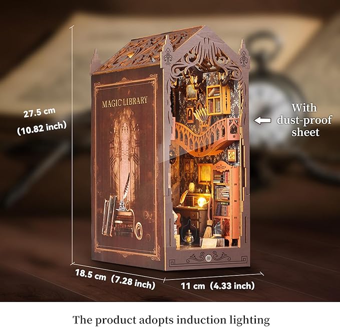 suruim DIY Book Nook Kit Bookend Puzzle Miniature Nook Library Bookshelf Insert Bookends Decoration Books Ornaments Gifts for Adults(Magic House-2)