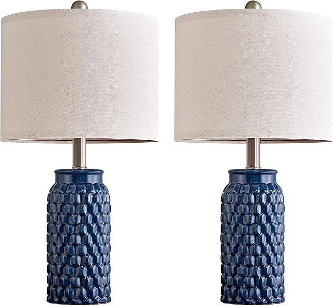20.5 inches Modern Ceramic Dark Blue Bedside Lamp Set of 2 for Bedroom Decor Farmhouse Table Lamp for Living Room Office Dorm