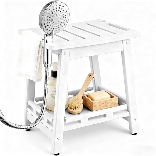 HDPE Shower Bench Seat for Shaving Legs, Waterproof Shower Stool with Storage Shelf for Bathroom,White