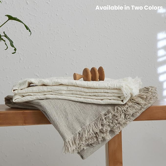 Simple&Opulence 100% Linen Throw Blanket 55x75 inches, Farmhouse Boho Tassel Blanket for Couch, Bed, Sofa, Breathable Natural Cozy Décor, Linen